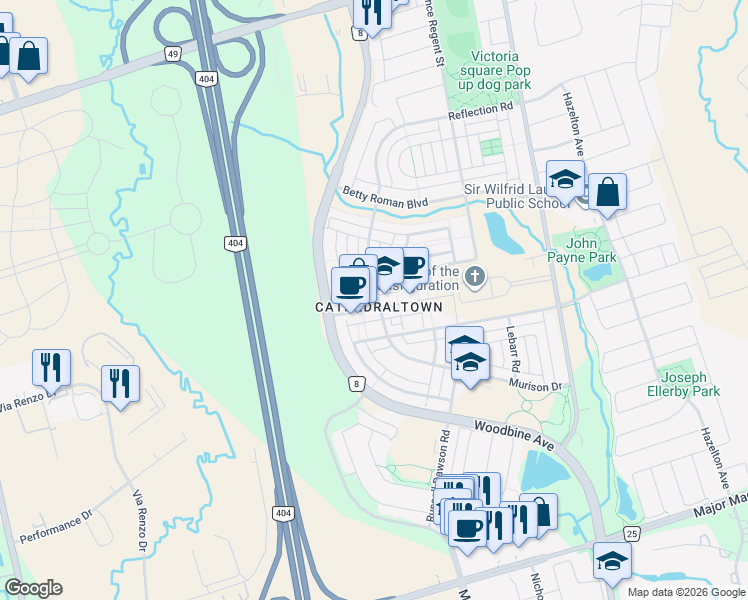 map of restaurants, bars, coffee shops, grocery stores, and more near in Markham