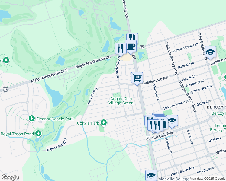 map of restaurants, bars, coffee shops, grocery stores, and more near 38 Woodgrove Trail in Markham