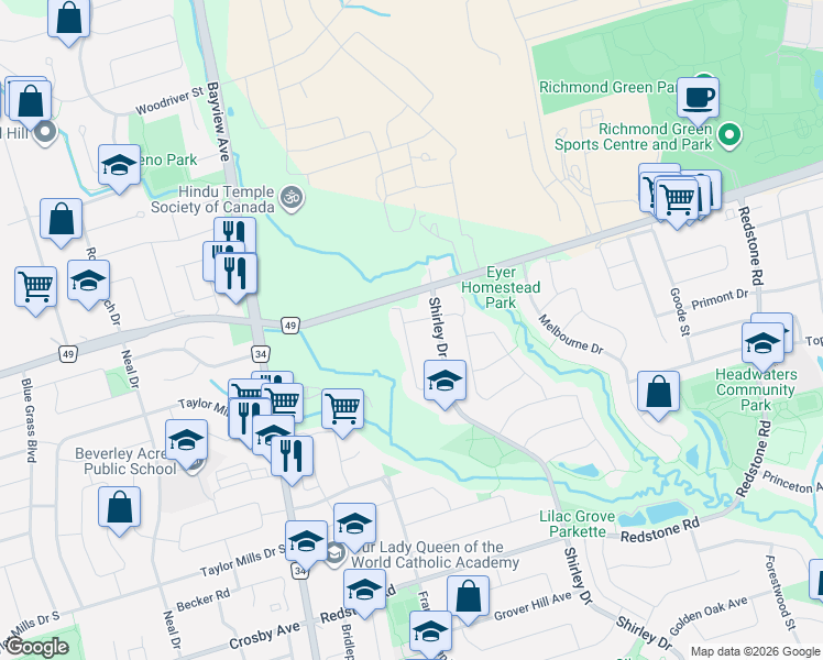 map of restaurants, bars, coffee shops, grocery stores, and more near in Richmond Hill