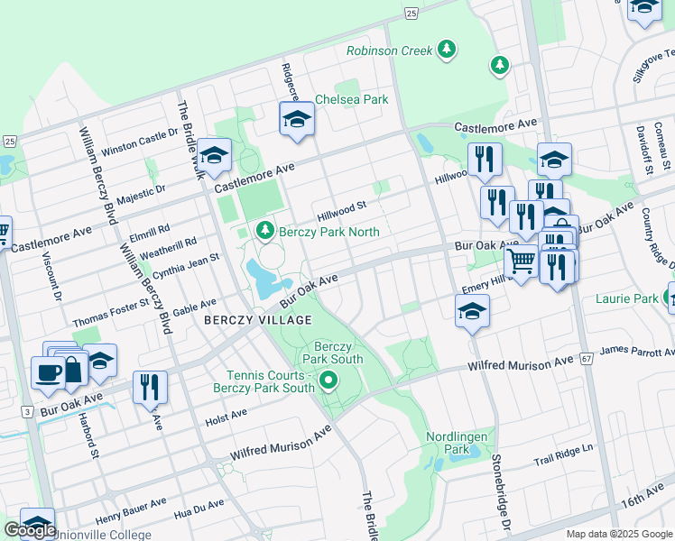 map of restaurants, bars, coffee shops, grocery stores, and more near 344 Bur Oak Avenue in Markham