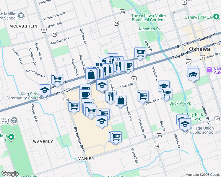 map of restaurants, bars, coffee shops, grocery stores, and more near 368 Pine Avenue in Oshawa