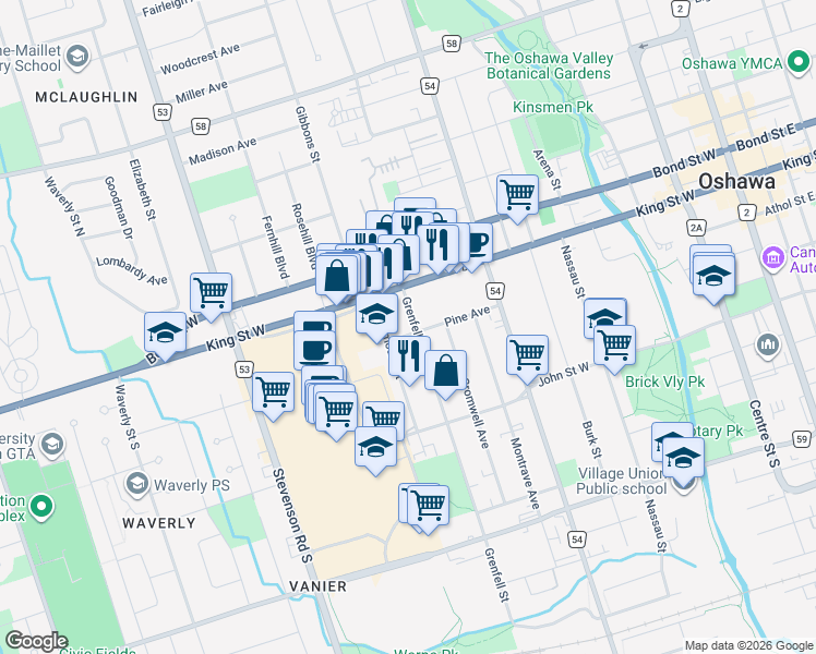 map of restaurants, bars, coffee shops, grocery stores, and more near in Oshawa