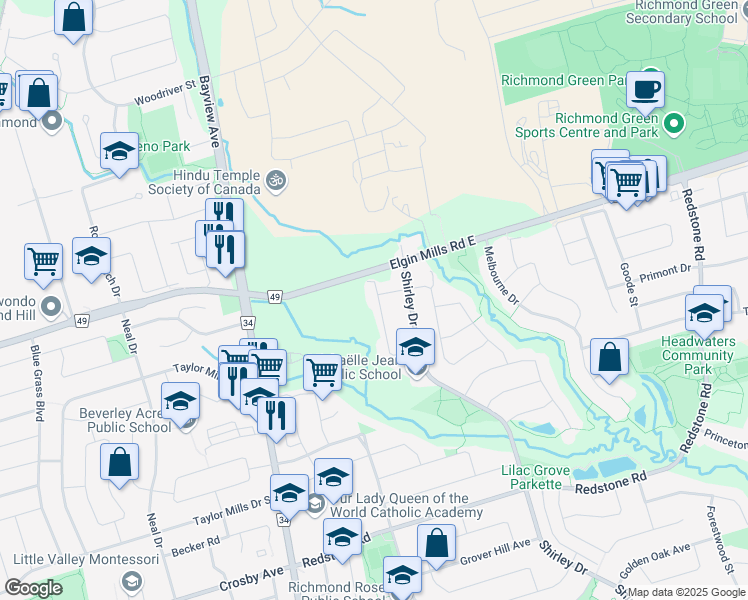 map of restaurants, bars, coffee shops, grocery stores, and more near 90 Romance Drive in Richmond Hill