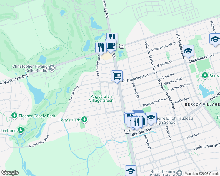 map of restaurants, bars, coffee shops, grocery stores, and more near 11 Dancers Drive in Markham