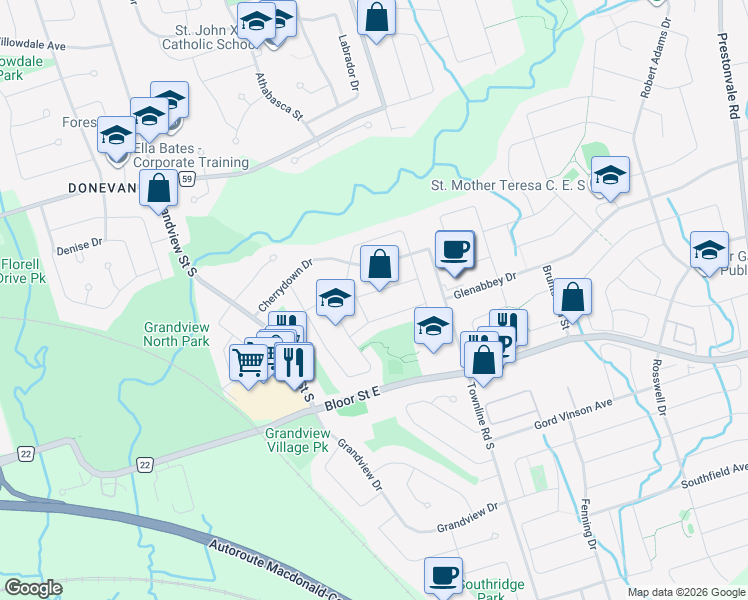 map of restaurants, bars, coffee shops, grocery stores, and more near 1287 Pinehurst Avenue in Oshawa