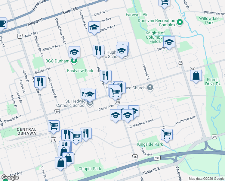 map of restaurants, bars, coffee shops, grocery stores, and more near 334 Wilson Road South in Oshawa