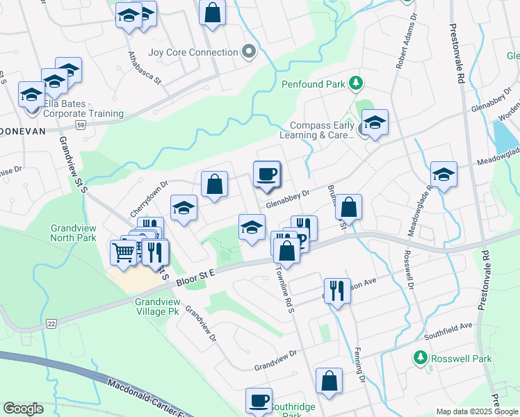 map of restaurants, bars, coffee shops, grocery stores, and more near Townline Road South in Courtice