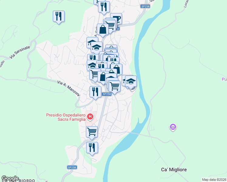 map of restaurants, bars, coffee shops, grocery stores, and more near 17 Via IV Novembre in Novafeltria