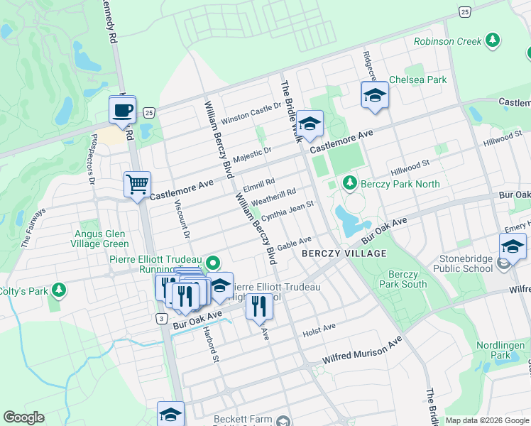 map of restaurants, bars, coffee shops, grocery stores, and more near 94 Cynthia Jean Street in Markham
