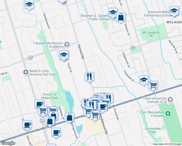 map of restaurants, bars, coffee shops, grocery stores, and more near 73 Garrard Road in Whitby