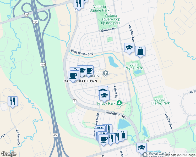 map of restaurants, bars, coffee shops, grocery stores, and more near 101 Cathedral High Street in Markham