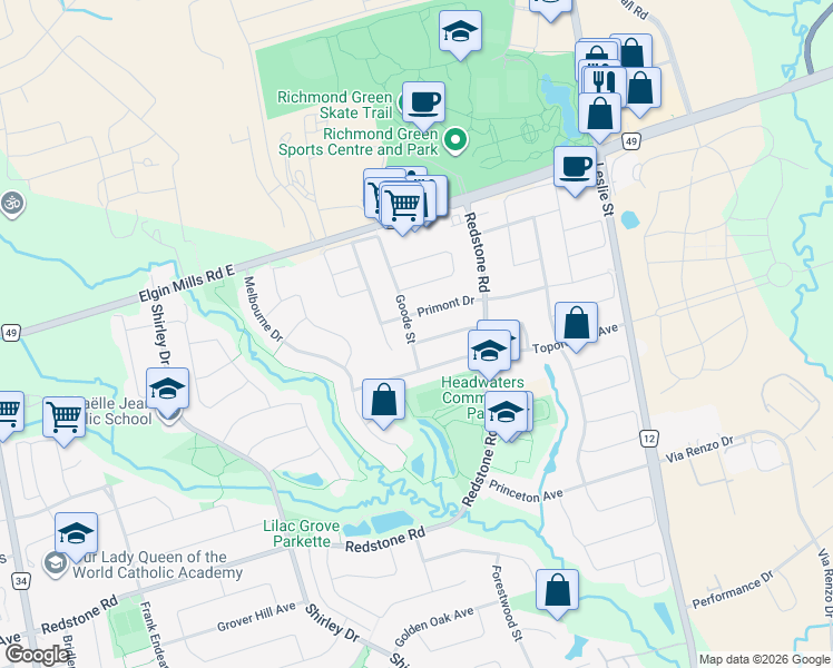 map of restaurants, bars, coffee shops, grocery stores, and more near 48 Crescendo Avenue in Richmond Hill