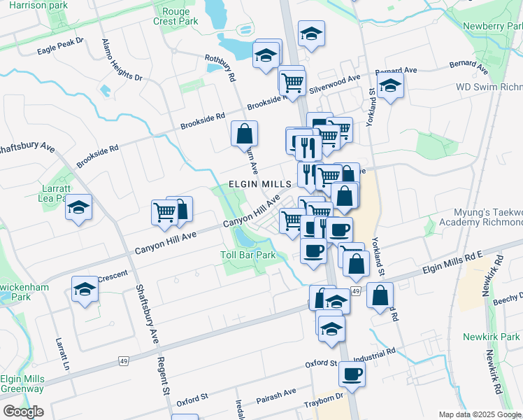 map of restaurants, bars, coffee shops, grocery stores, and more near Canyon Hill Avenue in Richmond Hill