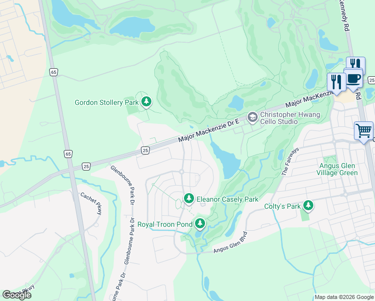 map of restaurants, bars, coffee shops, grocery stores, and more near 290 Angus Glen Boulevard in Markham