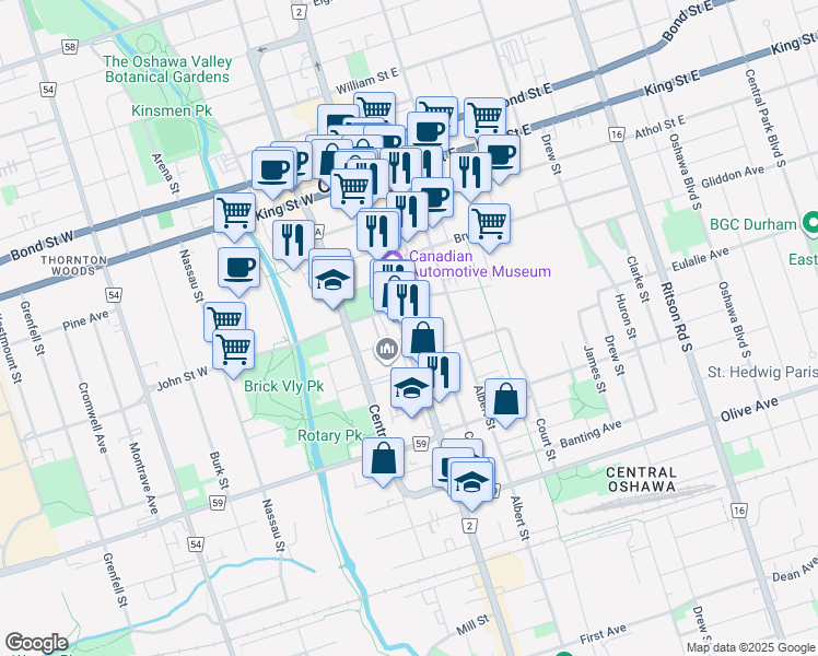 map of restaurants, bars, coffee shops, grocery stores, and more near 153 Simcoe Street South in Oshawa