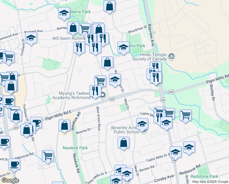 map of restaurants, bars, coffee shops, grocery stores, and more near 500 Elgin Mills Road East in Richmond Hill