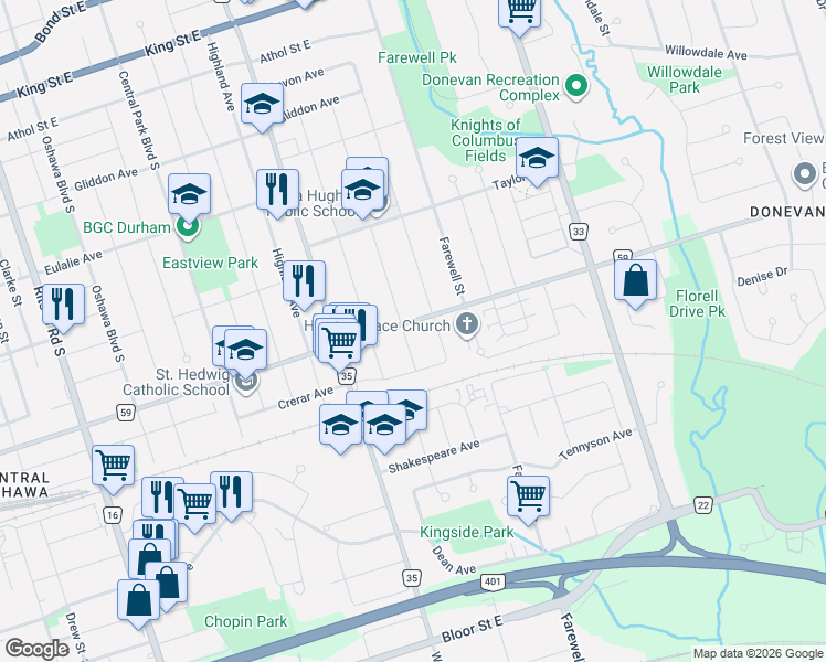 map of restaurants, bars, coffee shops, grocery stores, and more near 623 Olive Avenue in Oshawa