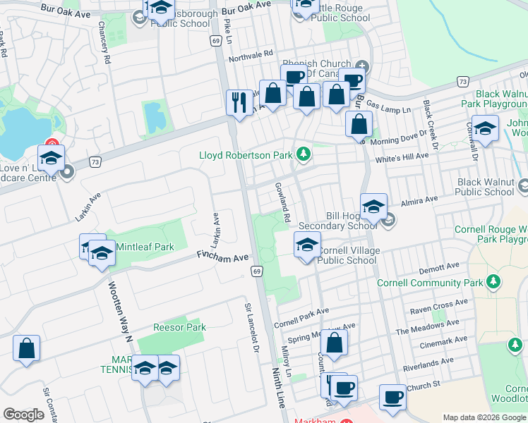 map of restaurants, bars, coffee shops, grocery stores, and more near 35 Pascoe Drive in Markham