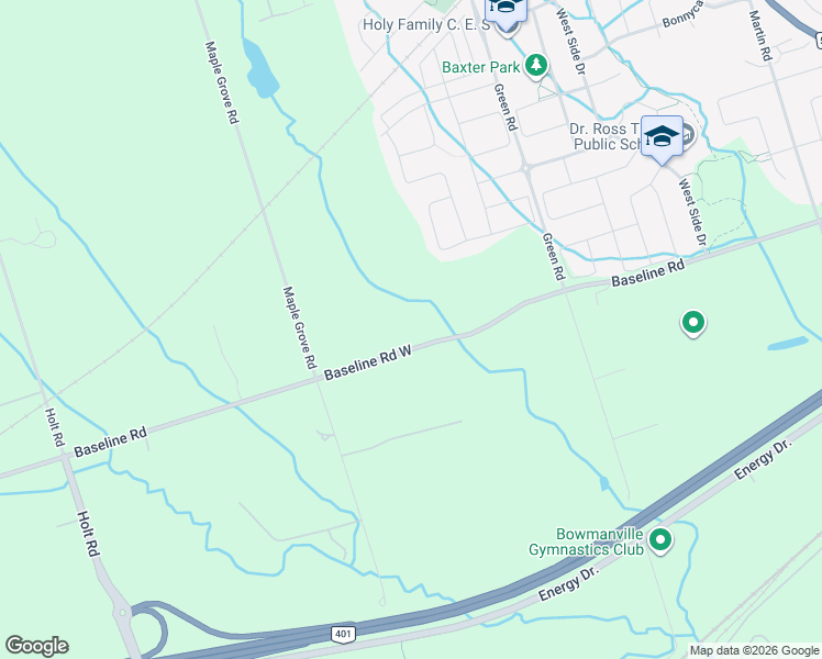 map of restaurants, bars, coffee shops, grocery stores, and more near 2299 Baseline Road West in Bowmanville