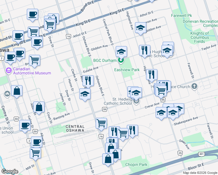 map of restaurants, bars, coffee shops, grocery stores, and more near Verdun Road in Oshawa
