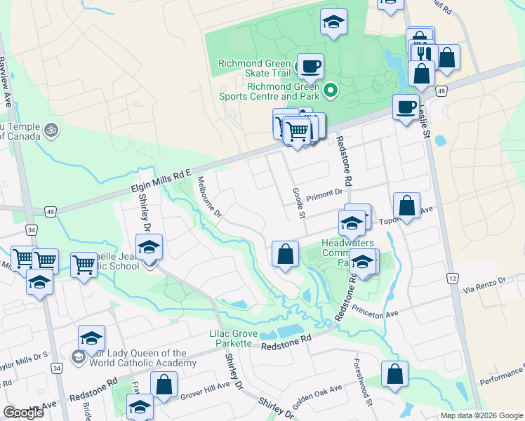 map of restaurants, bars, coffee shops, grocery stores, and more near 74 Lena Drive in Richmond Hill