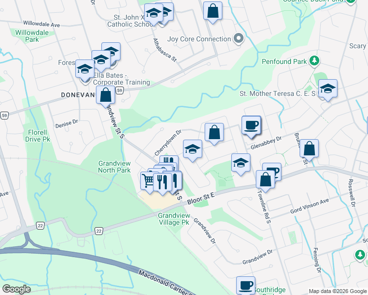 map of restaurants, bars, coffee shops, grocery stores, and more near 547 Annandale Street in Oshawa