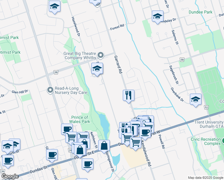 map of restaurants, bars, coffee shops, grocery stores, and more near 73 Scott Street in Whitby