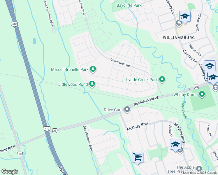 map of restaurants, bars, coffee shops, grocery stores, and more near 45 Auckland Drive in Whitby