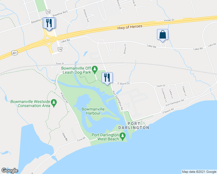 map of restaurants, bars, coffee shops, grocery stores, and more near 70 Port Darlington Road in Bowmanville