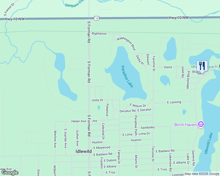map of restaurants, bars, coffee shops, grocery stores, and more near 6555 Patience in Idlewild
