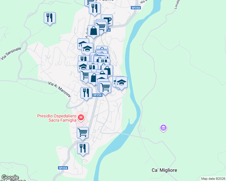 map of restaurants, bars, coffee shops, grocery stores, and more near 27 Via dello Sport in Novafeltria