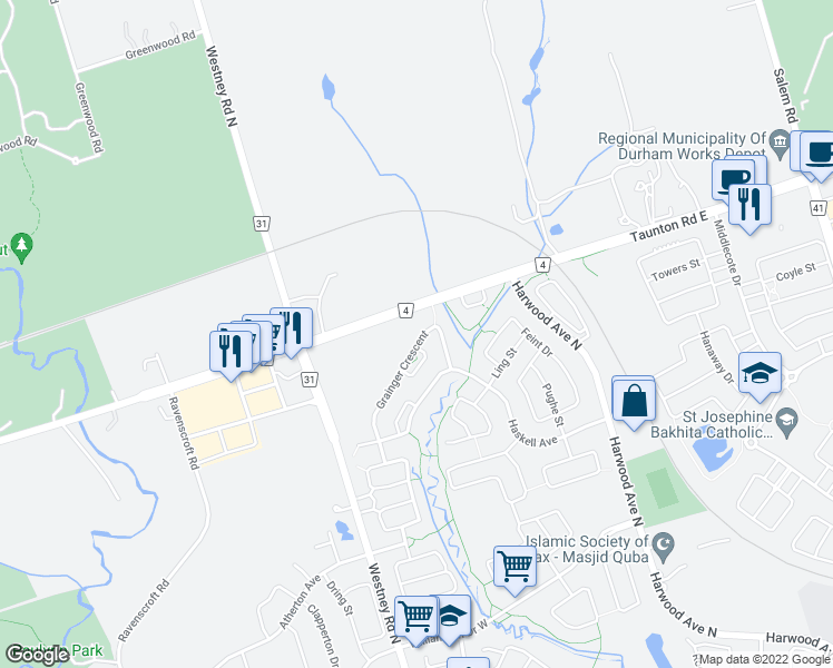 map of restaurants, bars, coffee shops, grocery stores, and more near 60 Grainger Crescent in Ajax