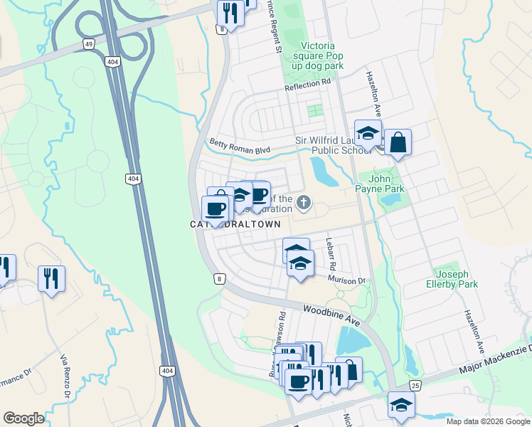 map of restaurants, bars, coffee shops, grocery stores, and more near 76 Cathedral High Street in Markham
