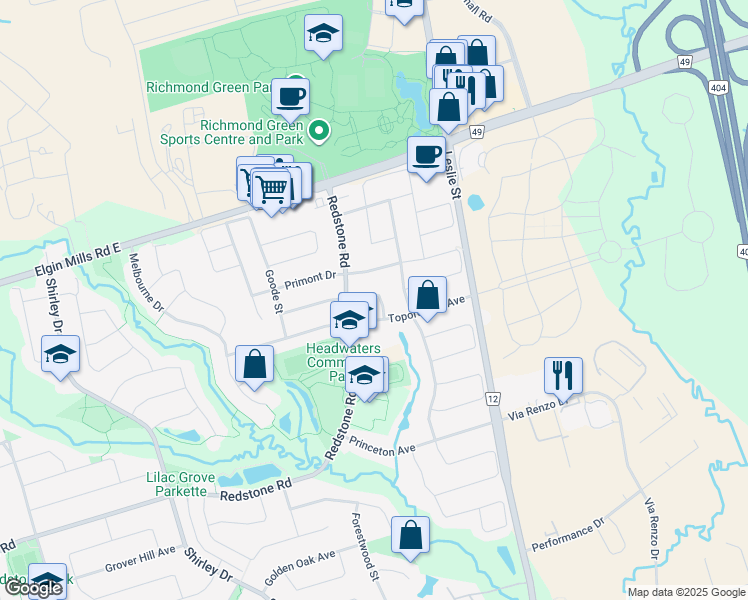 map of restaurants, bars, coffee shops, grocery stores, and more near 25 Maraca Drive in Richmond Hill