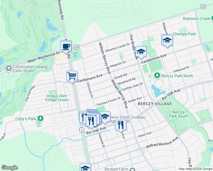 map of restaurants, bars, coffee shops, grocery stores, and more near in Markham