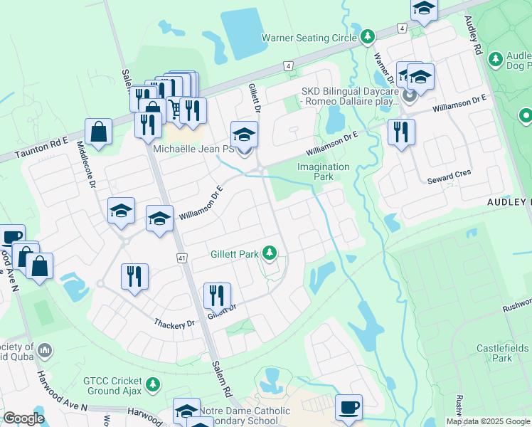 map of restaurants, bars, coffee shops, grocery stores, and more near in Ajax