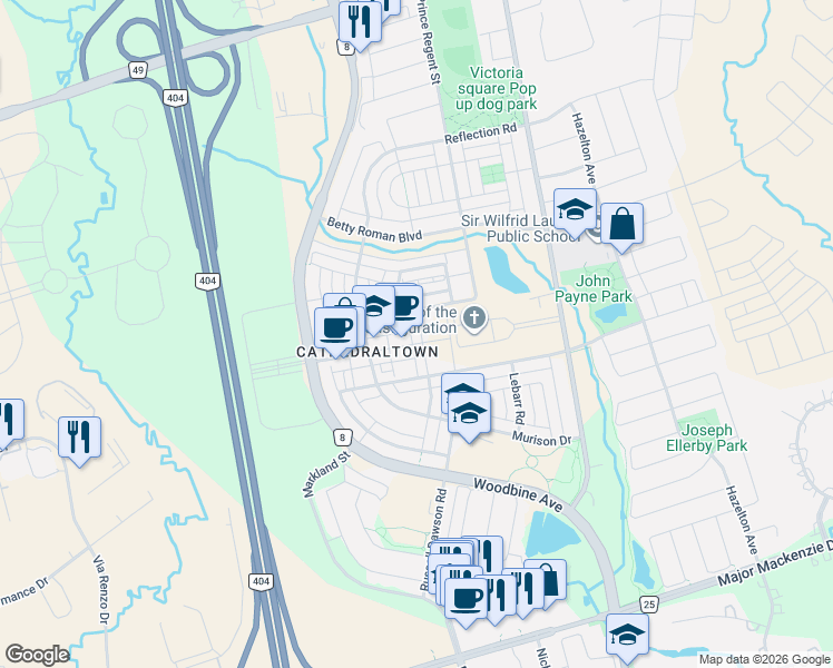 map of restaurants, bars, coffee shops, grocery stores, and more near 59 Vandaam Lane in Markham