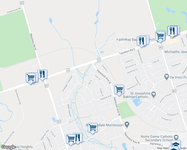 map of restaurants, bars, coffee shops, grocery stores, and more near 48 Feint Drive in Ajax