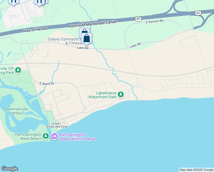 map of restaurants, bars, coffee shops, grocery stores, and more near 43 Clipper Lane in Bowmanville