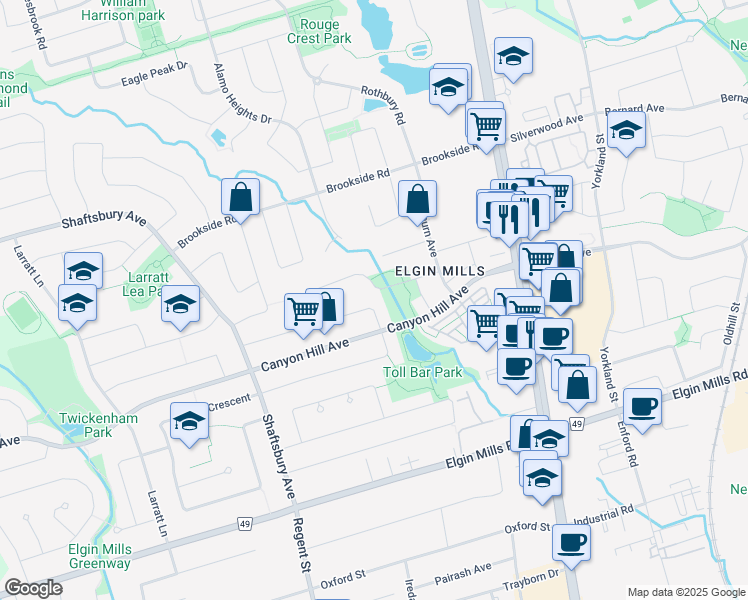 map of restaurants, bars, coffee shops, grocery stores, and more near 16 Palomino Drive in Richmond Hill