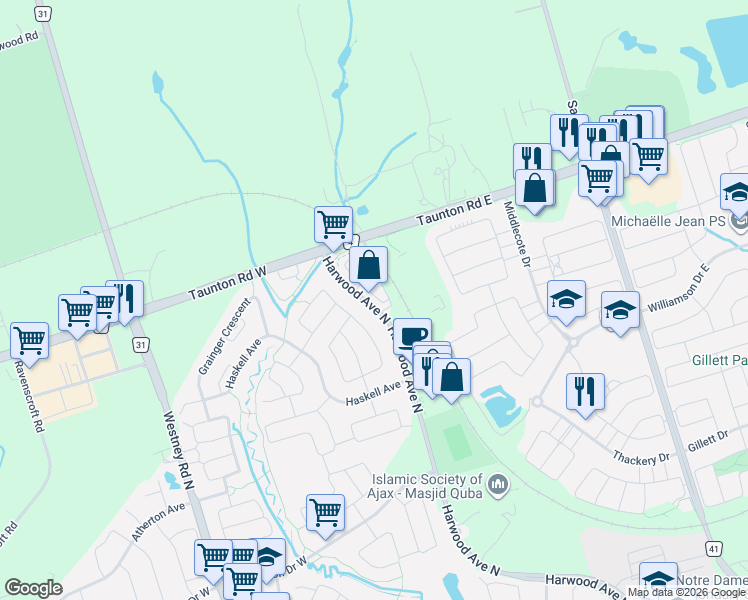 map of restaurants, bars, coffee shops, grocery stores, and more near Quarrie in Ajax