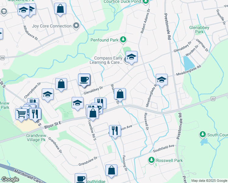 map of restaurants, bars, coffee shops, grocery stores, and more near Bruntsfield Street in Courtice