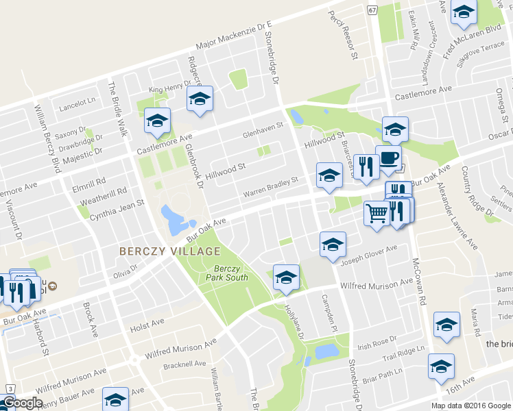 map of restaurants, bars, coffee shops, grocery stores, and more near 378 Bur Oak Avenue in Markham
