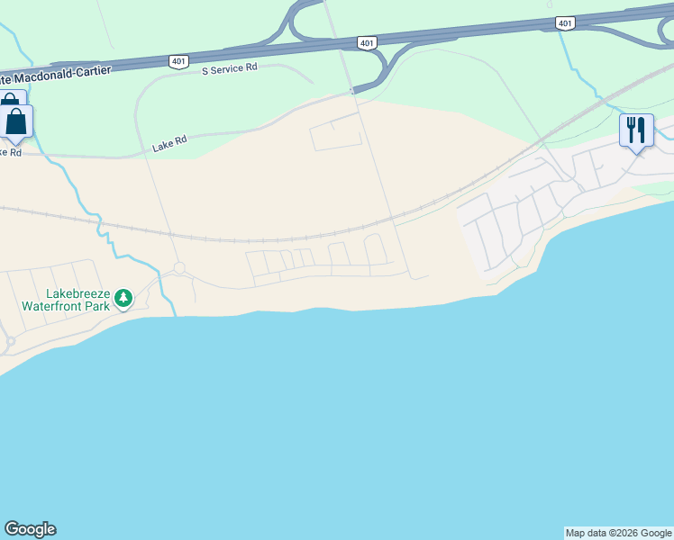 map of restaurants, bars, coffee shops, grocery stores, and more near 707 Port Darlington Road in Bowmanville