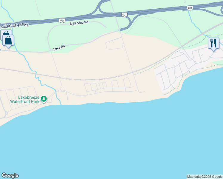 map of restaurants, bars, coffee shops, grocery stores, and more near Port Darlington Road in Bowmanville