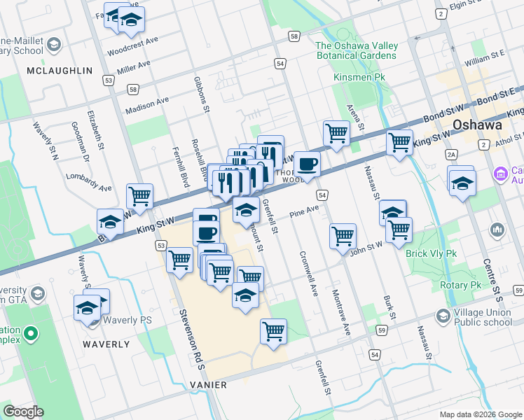 map of restaurants, bars, coffee shops, grocery stores, and more near 26 Grenfell Street in Oshawa