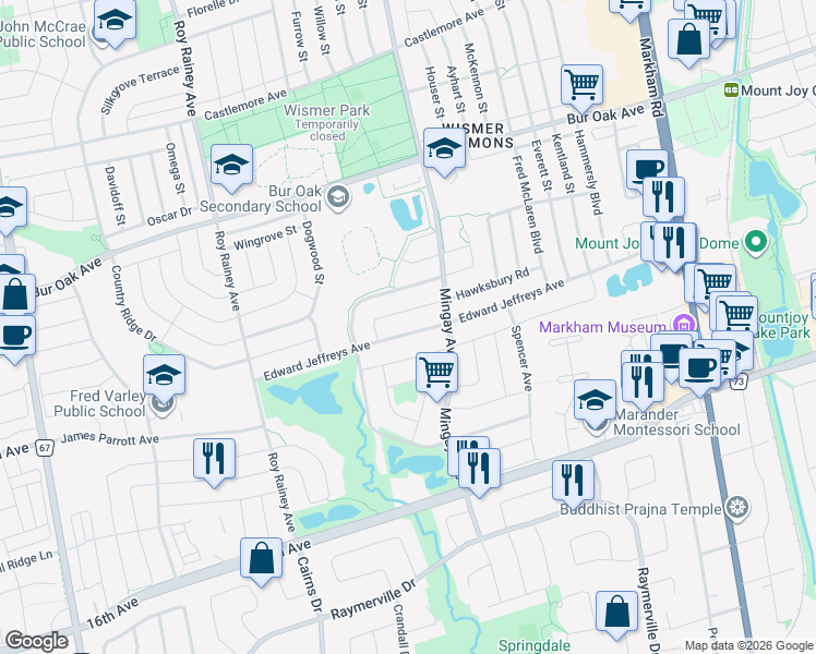 map of restaurants, bars, coffee shops, grocery stores, and more near 78 Edward Jeffreys Avenue in Markham
