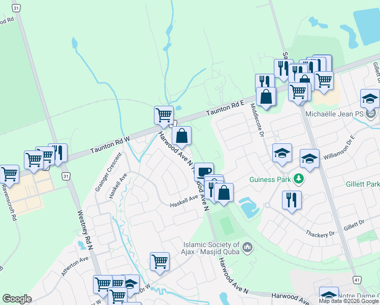 map of restaurants, bars, coffee shops, grocery stores, and more near 87 Quarrie Lane in Ajax