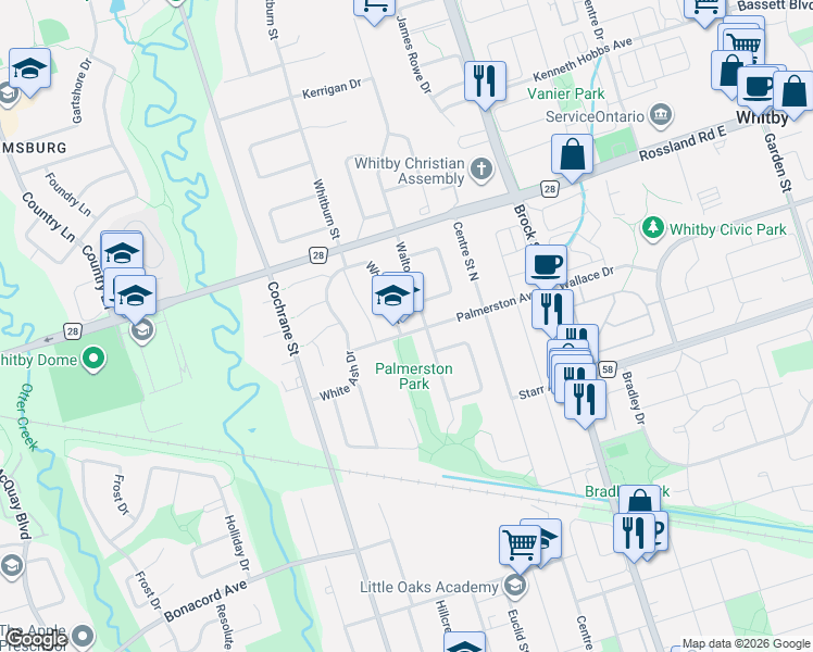 map of restaurants, bars, coffee shops, grocery stores, and more near 930 White Ash Drive in Whitby