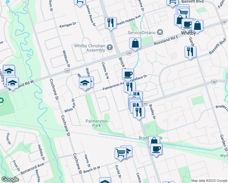 map of restaurants, bars, coffee shops, grocery stores, and more near 931 Centre Street North in Whitby
